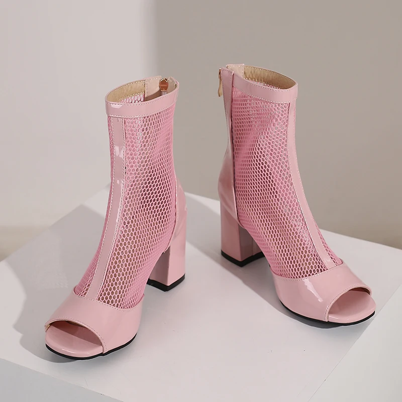 Kcenid New Spring Summer Boots Ladies Peep Toe Chunky High Heel