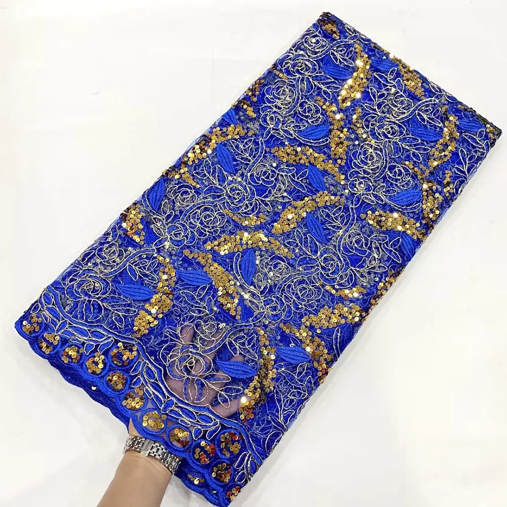 

African Lace Fabric 2023 Newest High Quality Lace Sequins French Net Lace Tulle Mesh Fabrics Royal Blue Lace Wedding Fabrics