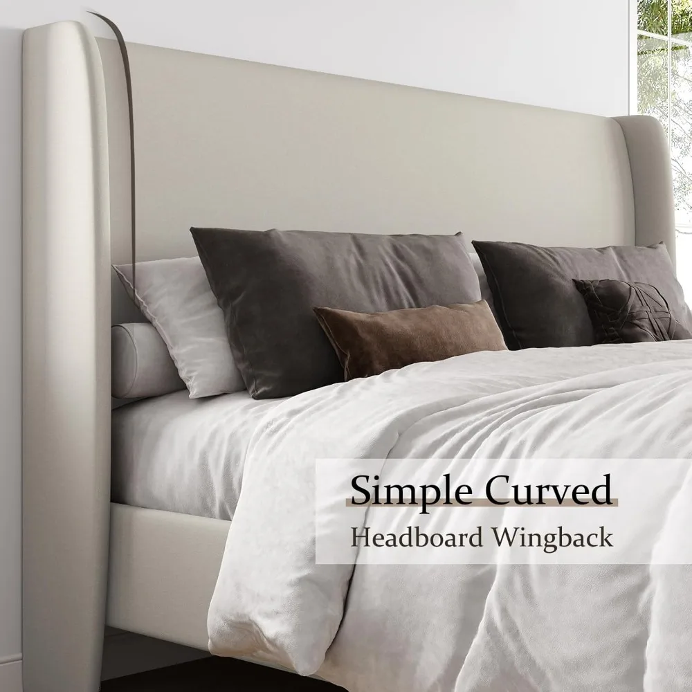 Queen Bed Frame Upholstered Beds 51.2" High Platform Beds with Wingback Headboard/No Box Spring Needed, Queen Bed Frame 3