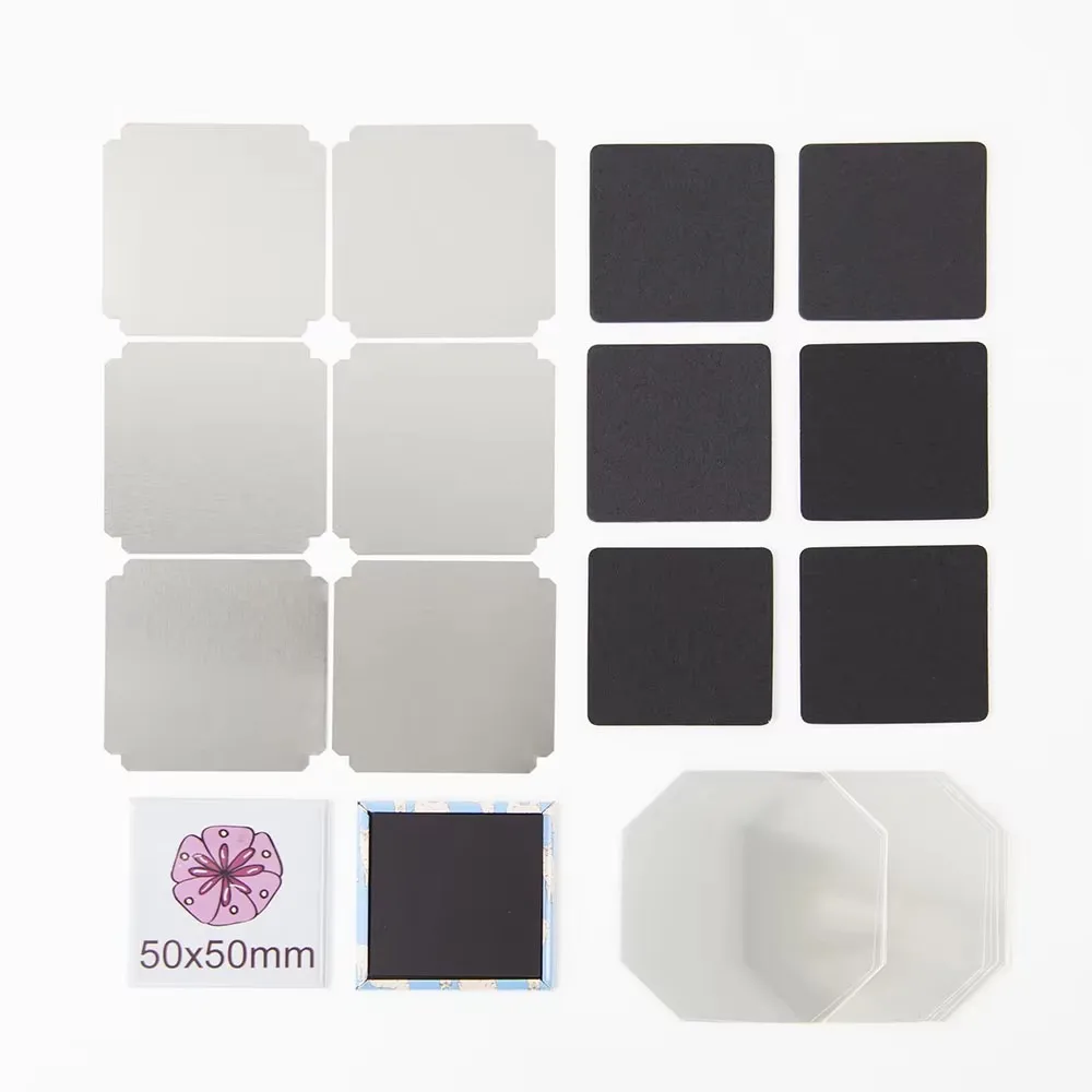100개 각형 코너 50x50mm 빈 냉장고 자석 스티커 버튼 직사각형 버튼 제작기 자석 배지 제작 기계