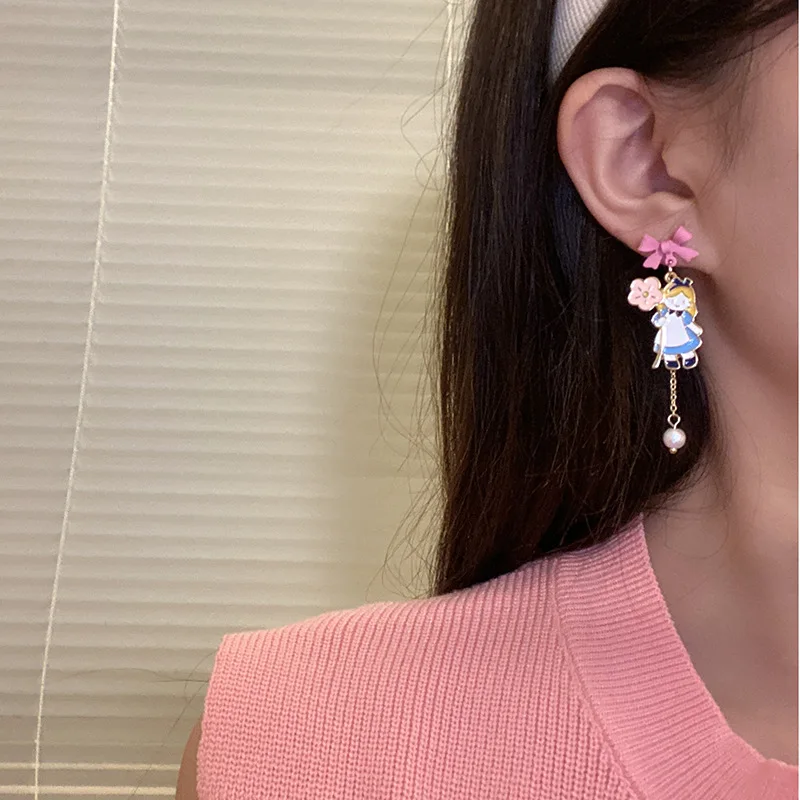 Japanese Sweet Cartoon Rabbit Bow Clip on Earrings Cute Asymmetric