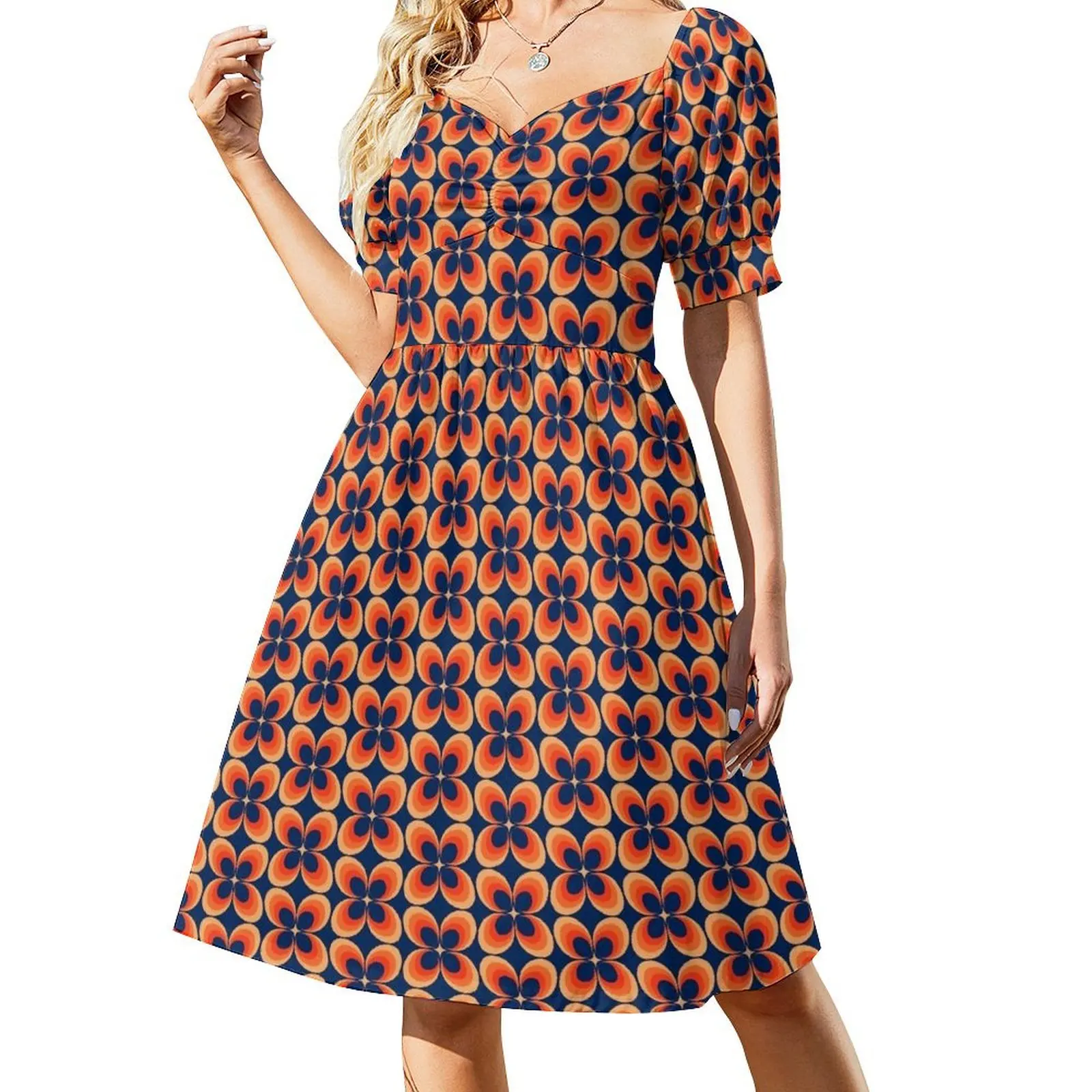thumbnail image 1 of Vestido de manga corta con flores hippies retro naranja y azul, vestidos elegantes para mujer, vestido de verano para mujer ., 1 of 7