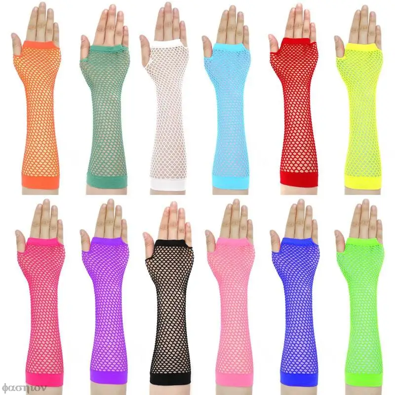Fingerless Gloves Women Fingerless Fishnet Neon Gloves Colorful Net Mesh Long For Girls Sexy Arm Warmer Summer 80s Party Costume