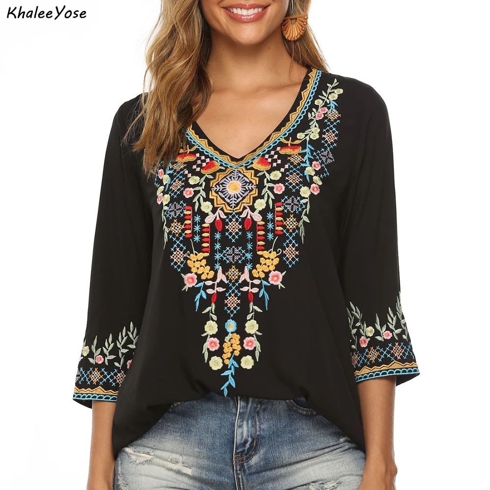 YOSE Blusa con bordado Floral para mujer, camisa estilo Hippie, Vintage, Chic, para otoño, 3xl|Blusas y camisas| - AliExpress