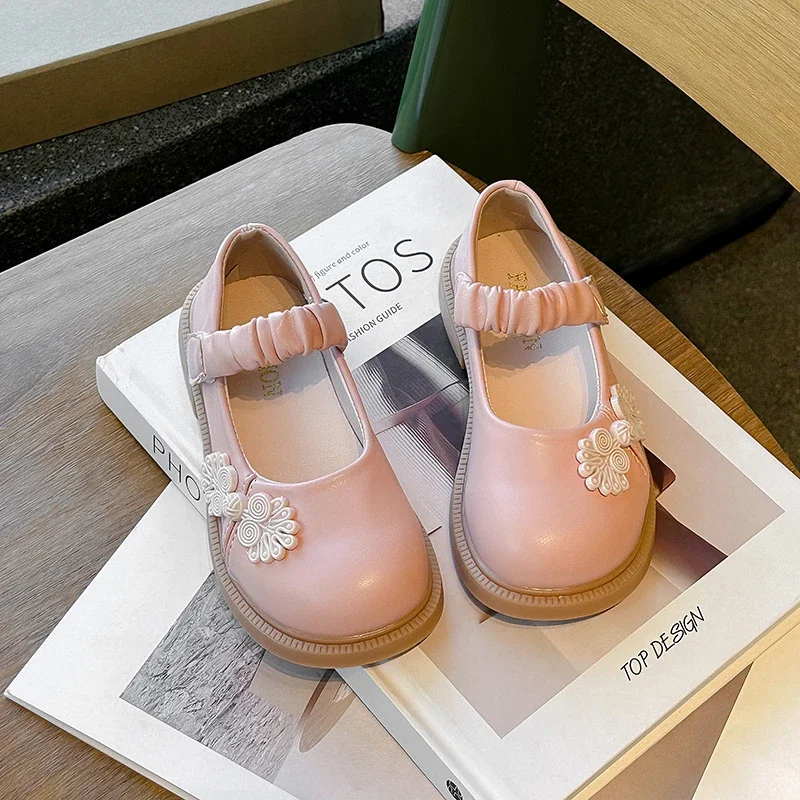 Beige Pink Leather Kids Flat Shoes for Wedding Party