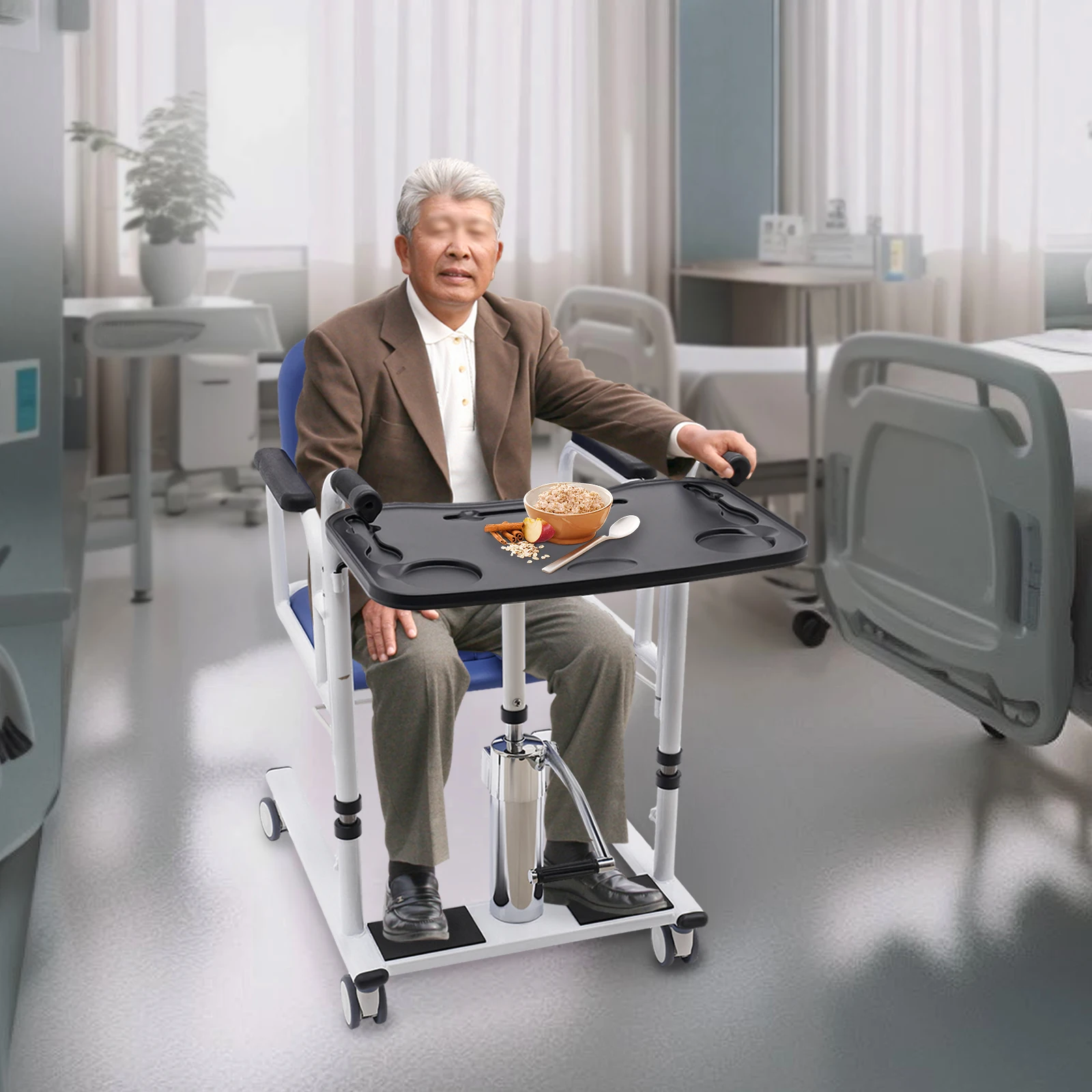 Hydraulic Patient Lift Transfer Chair, 330.7Lbs Nursing Wheelchair for Car, Aid Elderly 180° Split Seat Bathroom Bedside Commode 2