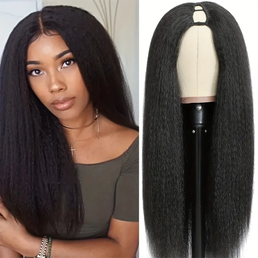 

Yaki V Part Wig Human Hair Kinky Straight Wig Brazilian Remy Hair Glueless Full Head Clip V Shape Yaki Straight Human Hair Wigs