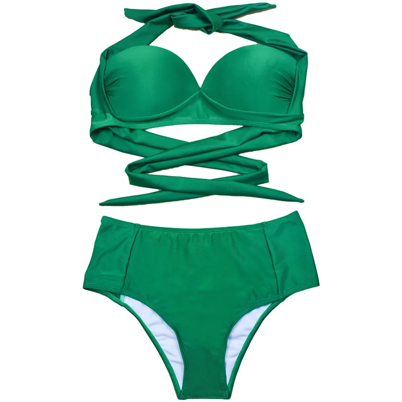 Ladies separate solid color gather bikini hard cup swimsuit two-piece set of bikini swimsuit