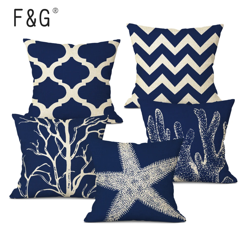 

Customized marine decoration Linen Blue Coral And Starfish Cushion Cover 45x45Cm Square Home Decor Printing Pillow Cover