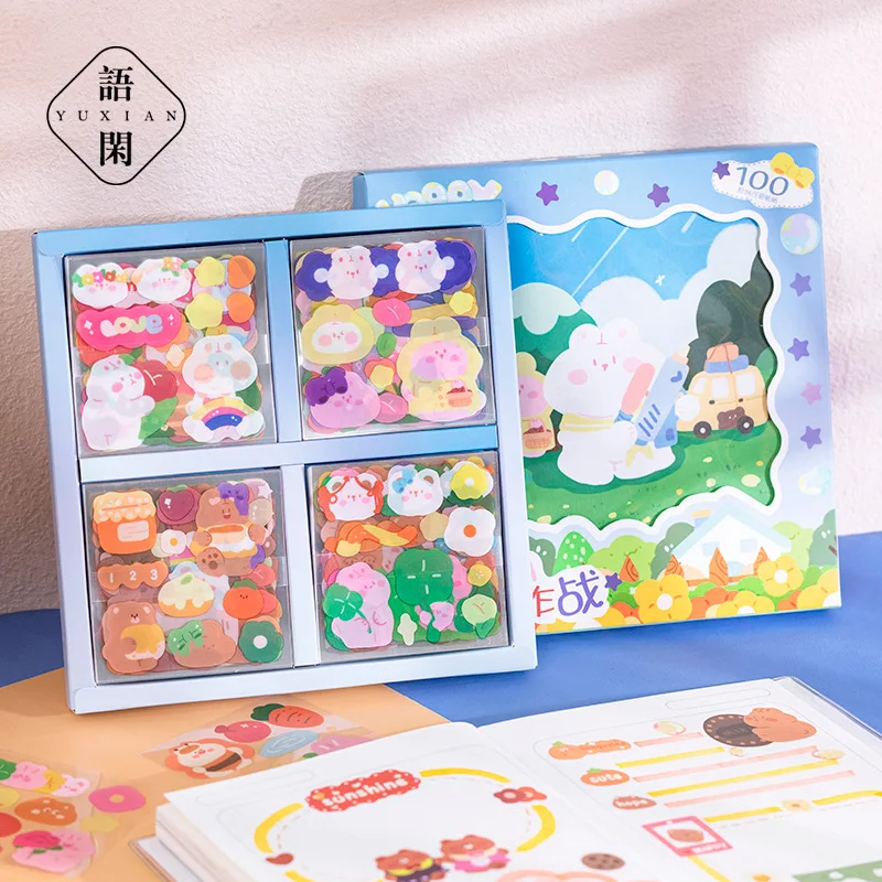 

100 sheets Cartoon Rabbit & Bear Journal Gift Box Sticker Cute Girly DIY Scrapbooking Collage Decoration Diary Stickers