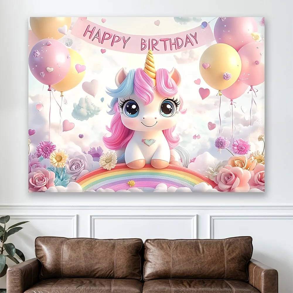 매력적인 핑크 유니콘 생일 배경 - 폴리에스터, 야외 축하 및 마법 같은 장식, 유니콘 생일 파티