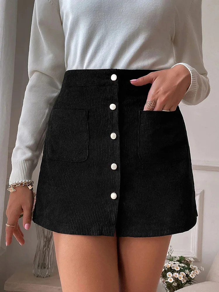 

Autumn Winter Women Skirt Pockets 2023 New High Waist Slim Style Corduroy Buttocks Short Elegant Hip Wrap Single Breasted