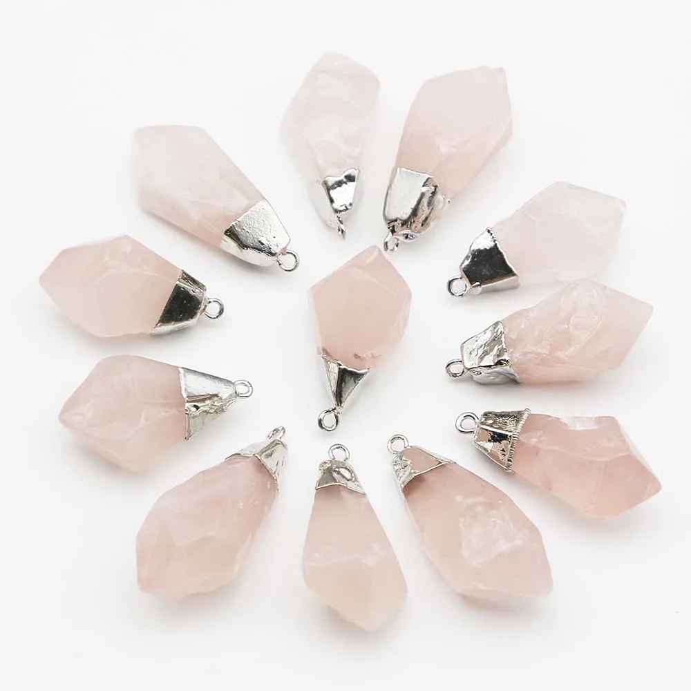 Natural Stone Irregular Rose Quartz Silver Plated Pendant Mineral Healing Unisex Charms Jewelry Accessories Gift Wholesale 12Pcs