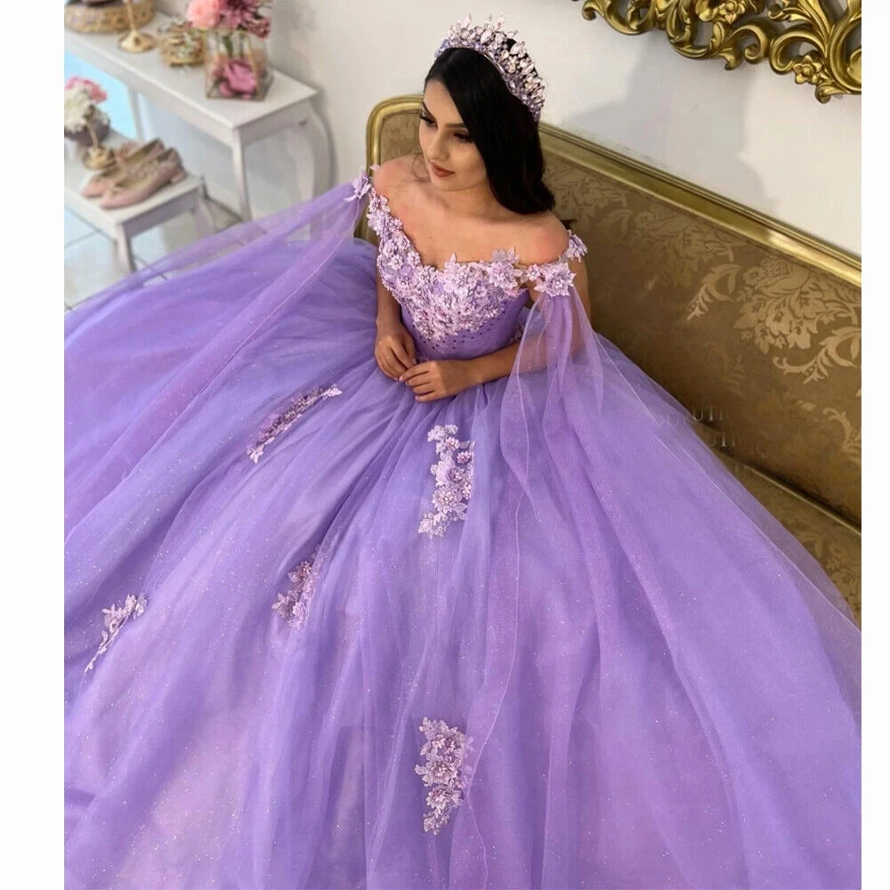 ANGELSBRIDEP Lilac Ball Gowns Quinceanera Dresses Cape Wrap Shiny Formal Birthday Party Princess Dress Vestidos De 15 Anos