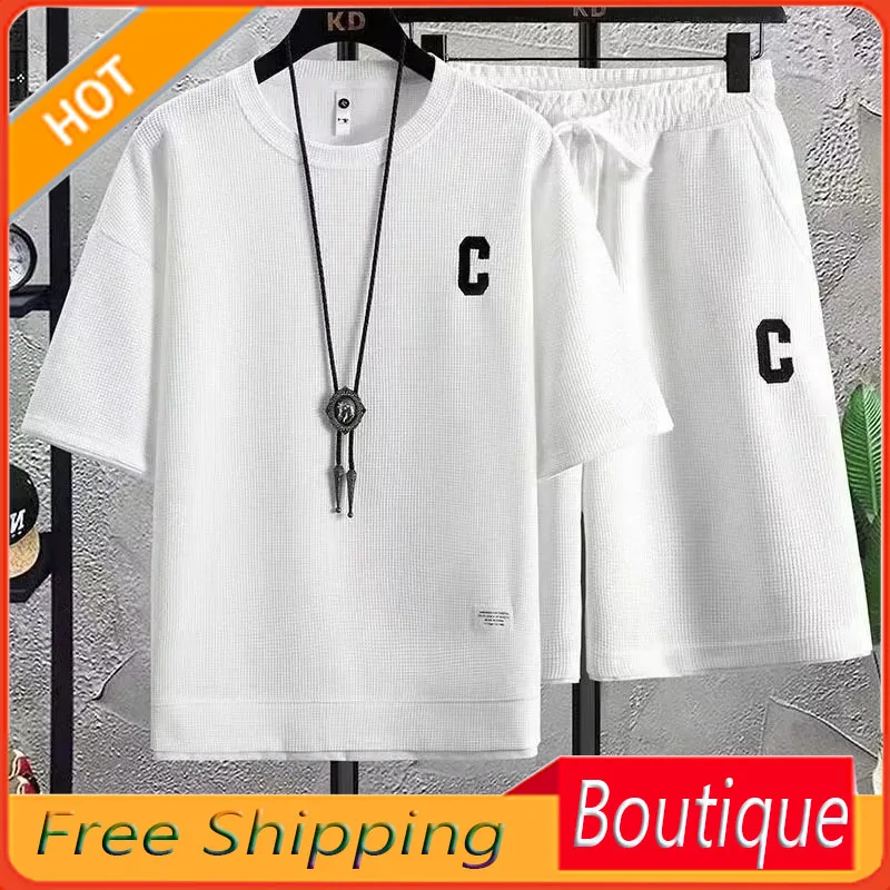 

Waffle Leisure Sports Suit Men's Summer 2023 New Matching Handsome Loose Set Men's Short-Sleeved T-shirt