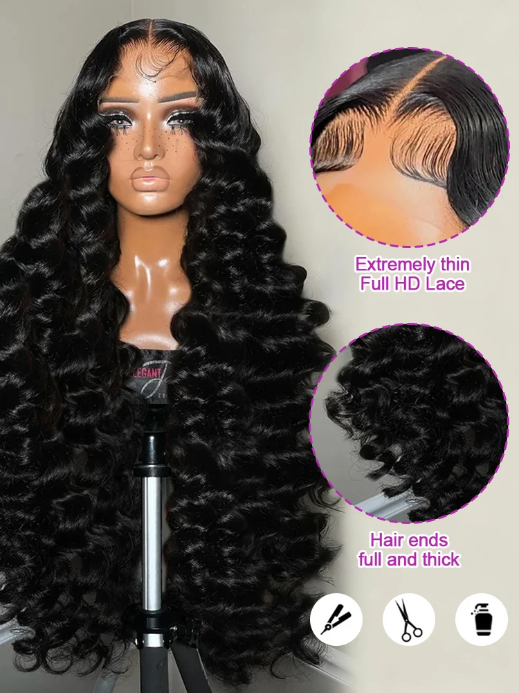 250 Density Loose Deep Wave Human Hair Wig 13x4 13x6 HD Curly Water Wave Lace Frontal Wigs Pre plucked For Women Brazilian Black 5