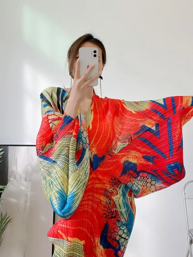 Wmstar Women Dresses Wholesale Pleated Bat Sleeve Dress Spring and Summer New Print Bottoming Long Dress Drop Shopping New Style