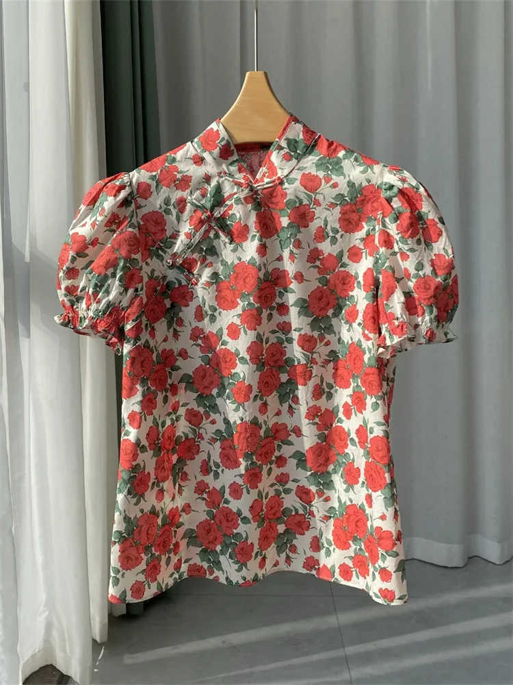 

Women's Shirt 2024 New Summer 100% Cotton Print Slanted Collar Vintage Short Puff Sleeve Blouse