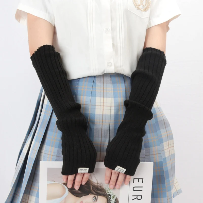 Women's Knitted Fingerless Arm Sleeves Gothic Style Solid Color Winter Long Arm Warmers Girls Harajuku Y2K Fashion Wrist Gloves