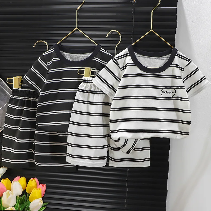 

Summer Children Clothing Short Sleeves Clothes Set Mother Kids Cotton Striped T-shirts Shorts 2pcs Baby Boys Girls Tracksuits