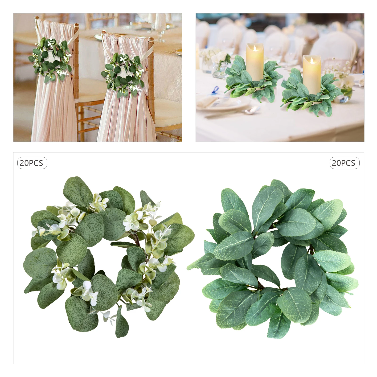 

20Pcs Wedding Candle Rings, Green Eucalyptus Leaves Wreaths, Artificial Leaf Candle Rings Seatback Flower