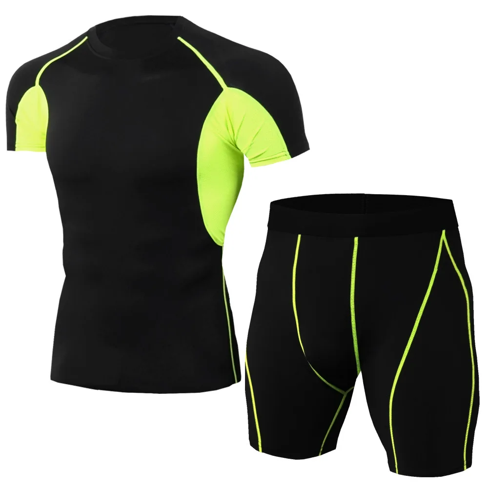 12 Colors Men's Tight Sports Suit Training Fitness Running Sportwear Elastic Fast Drying Short Sleeve T-shirt+Shorts Set