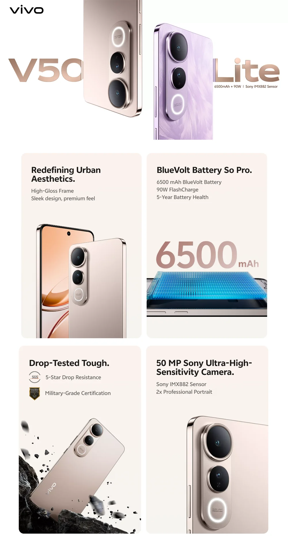 VIVO V50 Lite 5G 6.77" 120Hz Screen Large Storage Smartphone 12GB+512GB 50MP Camera 6500mAh Big Battery Type-C Dual SIM  Phone