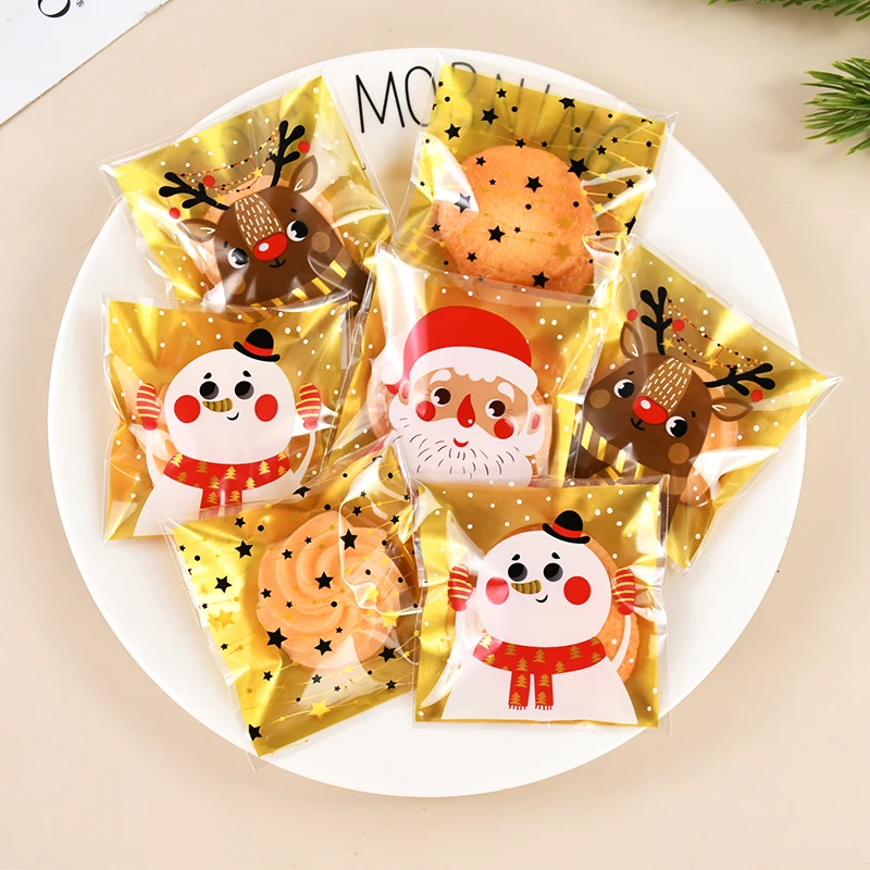 Christmas Candy Bags Santa Claus Snowman Elk Cookie Gift Plastic Packaging Bags 100pcs