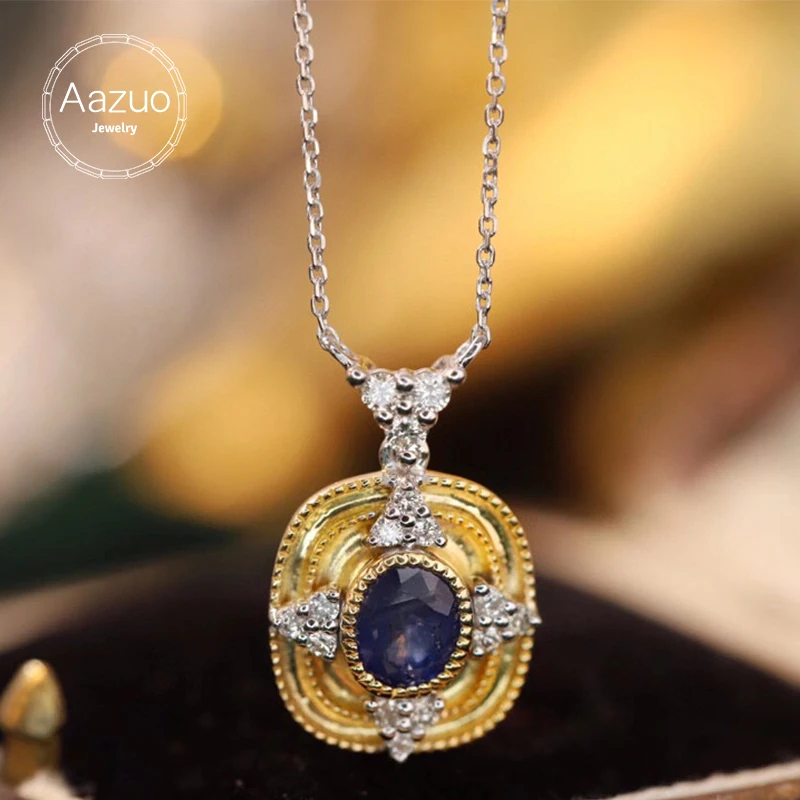 Aazuo 18K Fine Jewelry Yellow Gold Real Diamonds Natrual Blue Sapphire Square Necklace Gift For Women Engagement Party Au750 rugged square grid texture soft tpu anti shock casing for samsung galaxy s8 sm g950 blue