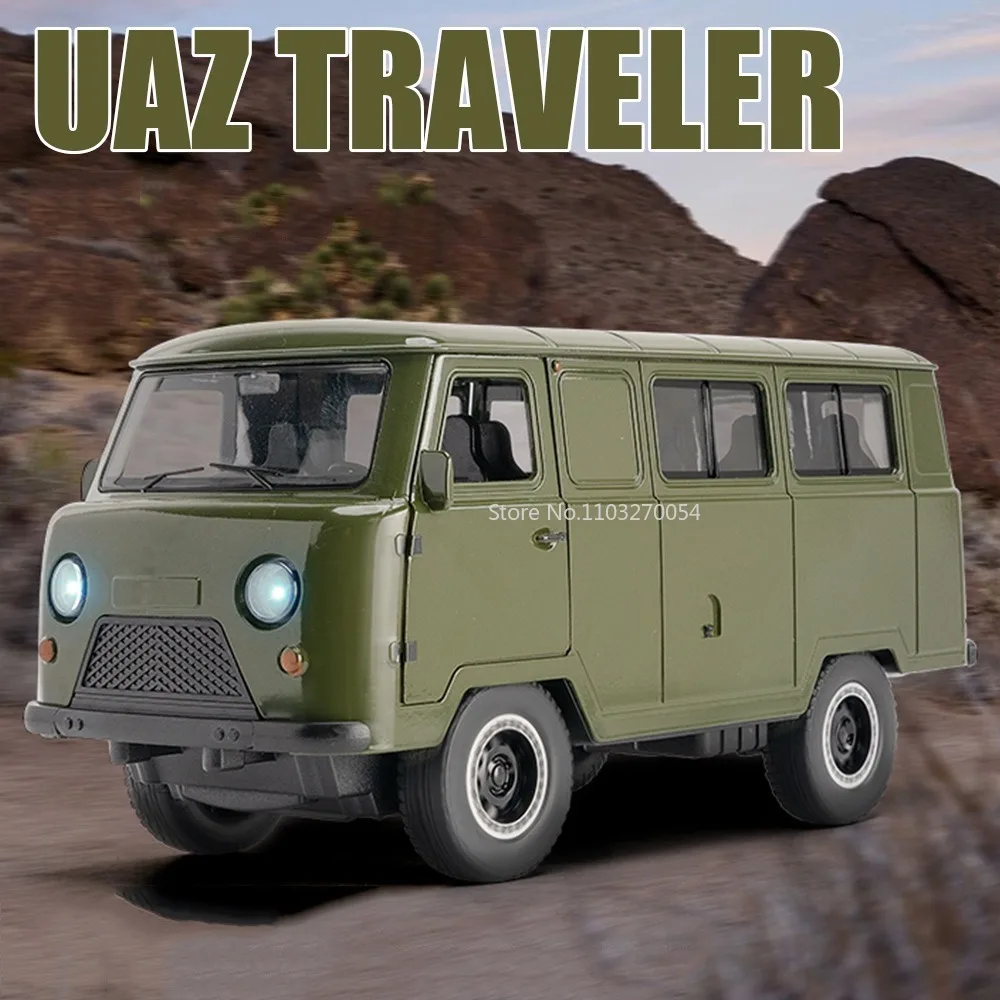 

1/18 UAZ Travelers Alloy Bus Diecasts Car Model Metal Traffic City Tour Vehicles Toys Car Model Simulation Sound Light Kids Gift