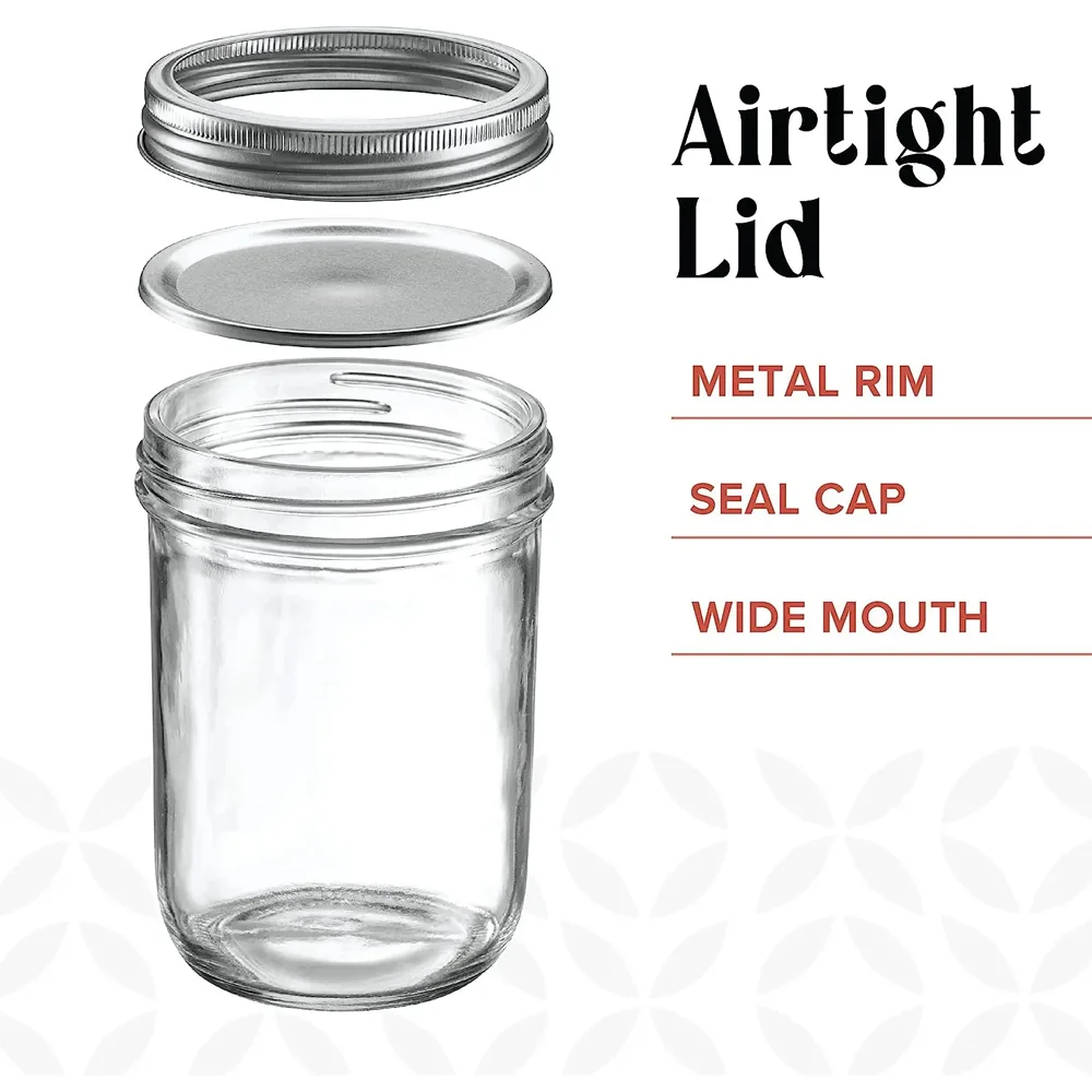 14oz Wide-Mouth Glass Mason Jars with Metal Airtight Lids and Bands for Preserving & Meal Prep