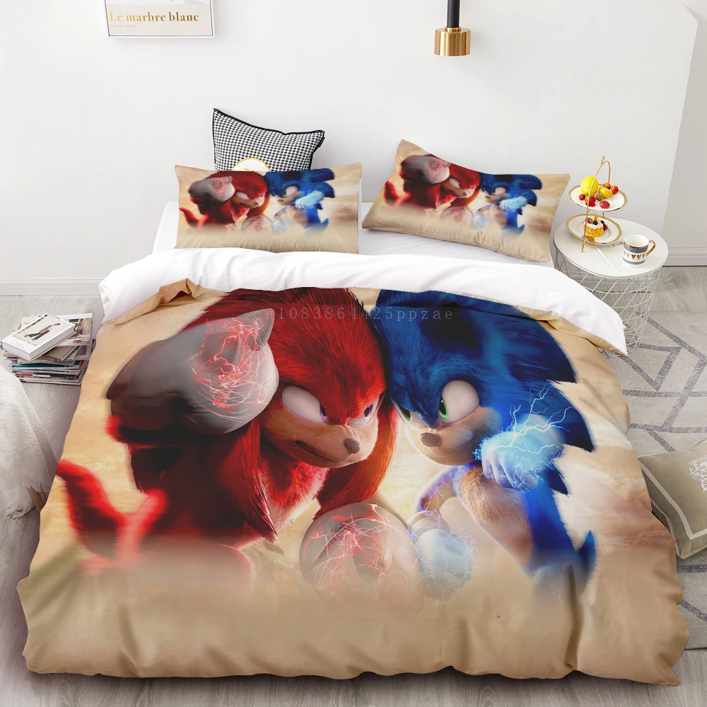 thumbnail image 1 of Funda nórdica 3D exquisita caricatura Sonic papel tapiz Anime impresión digital juego de cama edredón cama suave niños jóvenes regalo, 1 of 5