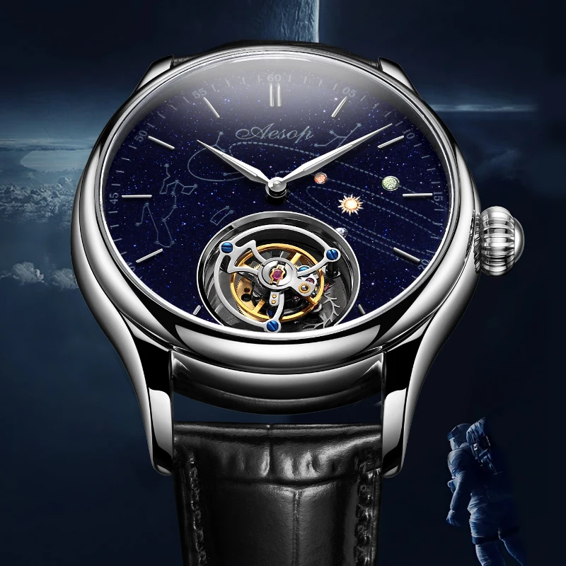 AESOP Men Flying Tourbillon Skeleton Watch Milky Way Star Sapphire Dial Steel Strap Male Pilot Mechanical Wrist Watches 1963