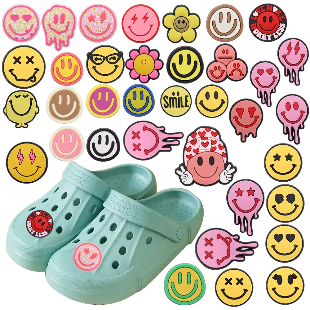 

Mix 50Pcs PVC Croc Charms Kawaii Smile Face Love More Worry Less Flower Buckle Clog Decorations for Bands Accessories Kid Gift