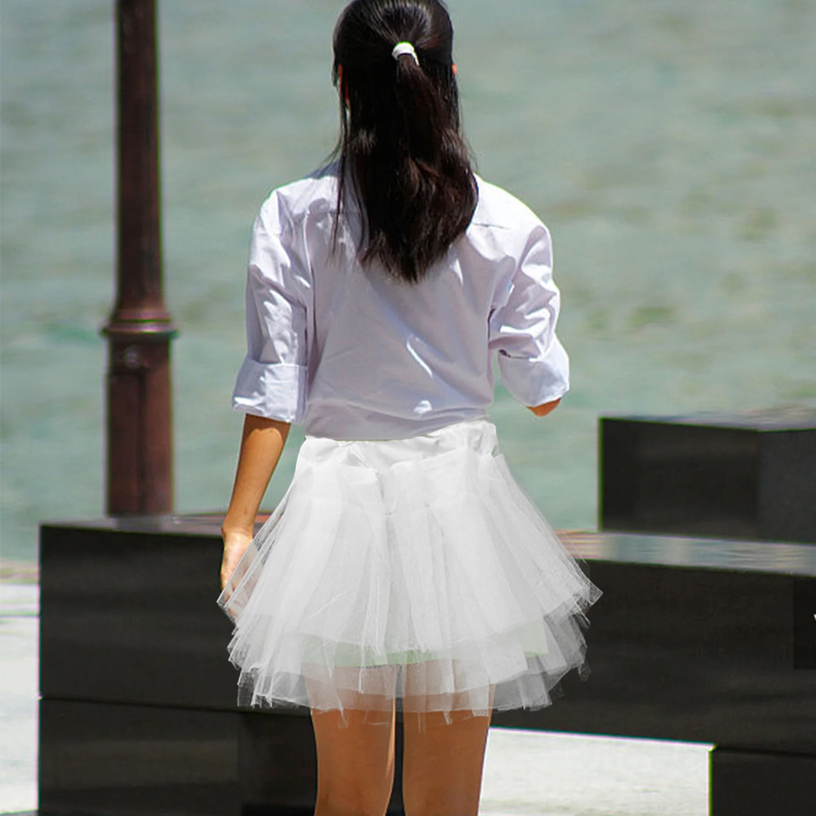 45cm Tutu Skirt Crinoline Bone Short Skirt Brace Pannier Four-layer Gauze Performance Dress for Woman Girl LAdy (White)