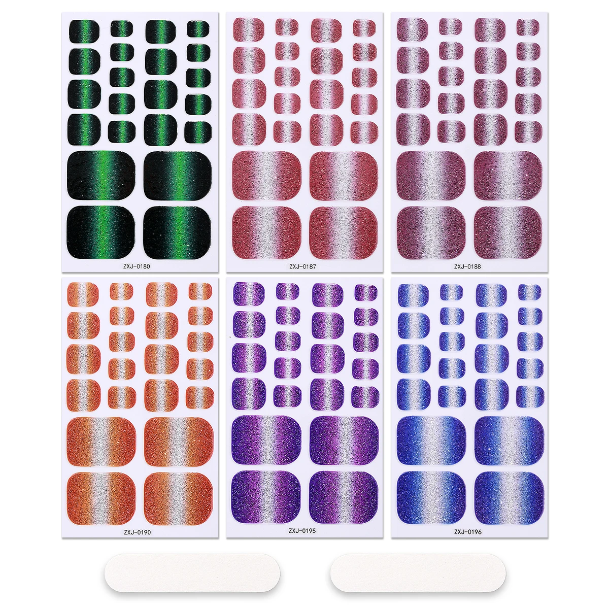 6장 여름 반짝이 베이킹 프리 발톱 스티커 그라데이션 풀커버 발톱 광택 스트립 접착식 DIY 발 스티커