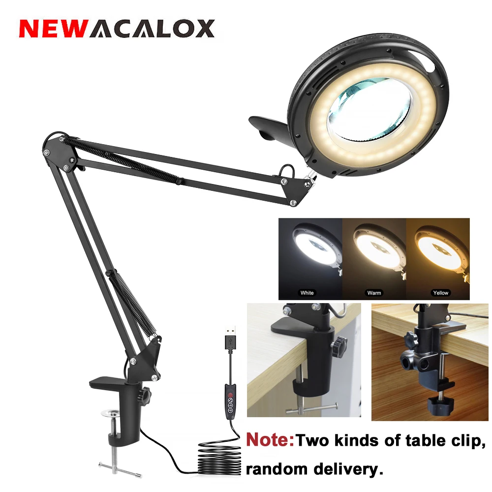 

Clip-on 5X Magnifying Glass Table Light with 3 Colors LED Light Desk Lamp Soldering Third Hand Folding Illuminated Magnifier