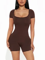 2025 Summer New Women's Sexy Solid Color Short Sleeve U Neck Jumpsuit Short Jumpsuit Yoga Fitness One Piece Polyester - Image 4