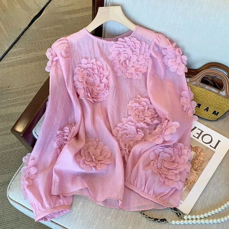 

Pink Flower Appliques Transparent French Elegant Chic Pullover Women's Blouse Shirt O-Neck Long Sleeve Loose Blouses Tops E46