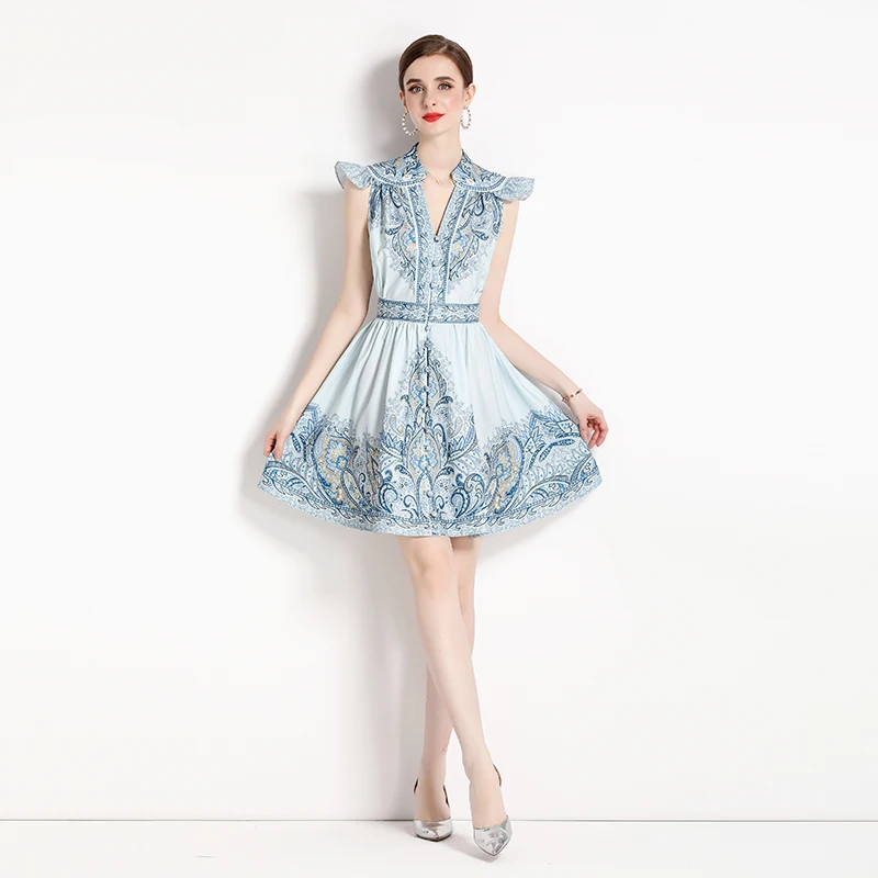 

2023 New Fashion Chiffon Printed Dress Women's Summer Retro Versatile Loose Fit V-neck Sleeveless Leisure Vacation Vestidos