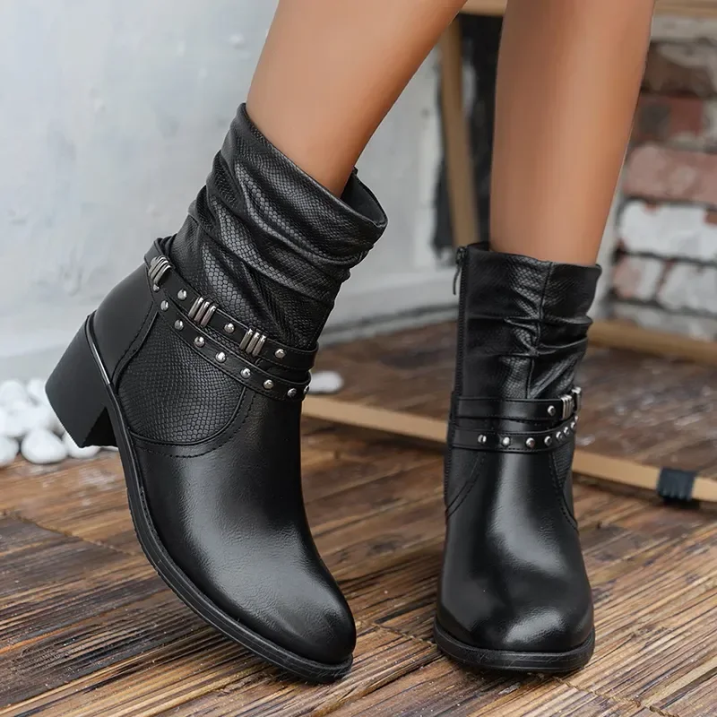 

Rivet Decor Pleated Cowboy Boots Women Autumn Winter Pointed Toe Black Ankle Boots PU Leather Chunky Heels Western Booties Woman