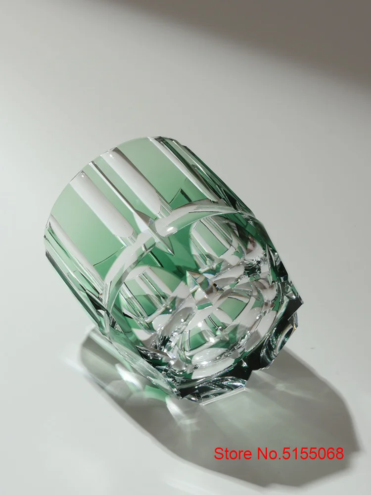 Edo Kiriko Crystal Rock Glass Hand Carving Green Bamboo Liquor Wine Tumbler Top Grade Whiskey Cup Japan Style KAGAMI Design