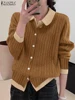 ZANZEA Casual Spring Autumn Sweater Elegant Fake Two-Piece Women Turn-down Collar Knitted Tops Long Sleeve Color Block Cardigans 1