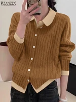 ZANZEA Casual Spring Autumn Sweater Elegant Fake Two-Piece Women Turn-down Collar Knitted Tops Long Sleeve Color Block Cardigans 1