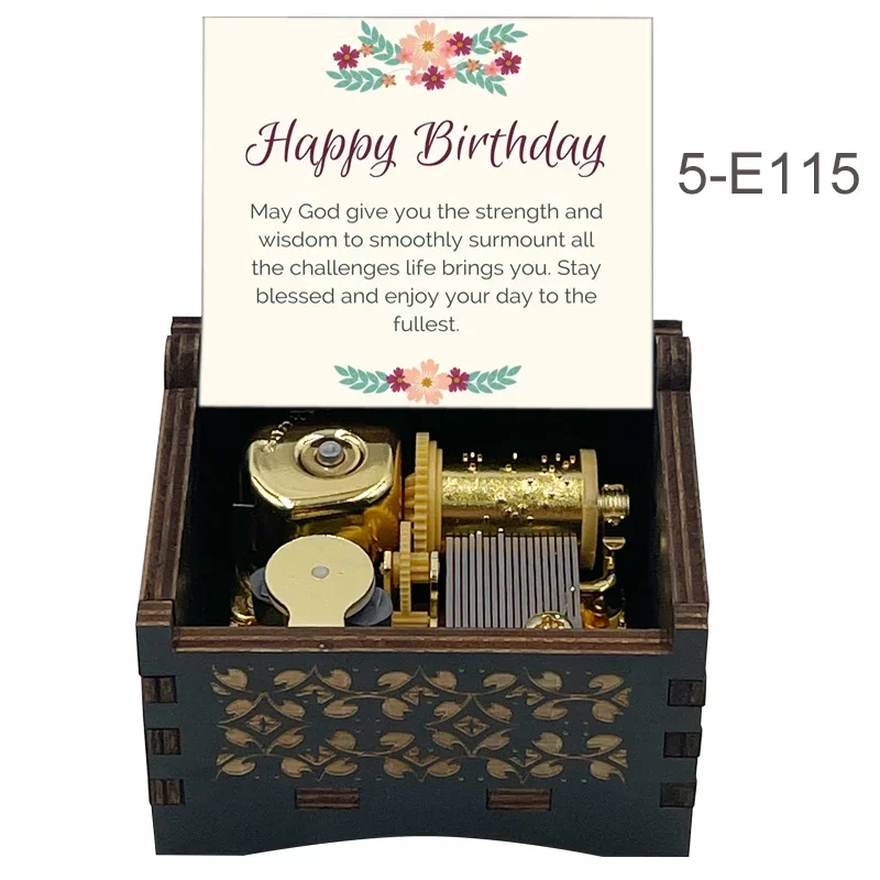 Happy Birthday Music Box Golden Mechanical, Black Wooden Anniversary Gift for Kids Girlfriend Wife Mom Father Birthday Present 5