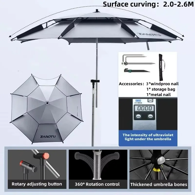 Upgraded Outdoor Fishing Umbrella 2.0/2.2/2.4/2.6M Adjustable Big Umbrella Double Thickened Layer Folding Beach Parasol