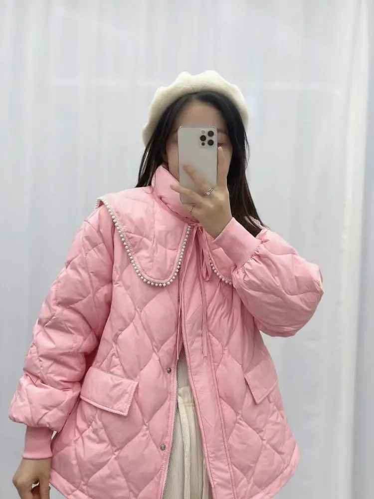 

Winter Down Jacket Women Streetwear Stand Collar Pearl Preppy Style Thickened White Duck Down Jacket Puffer Coat Outwear