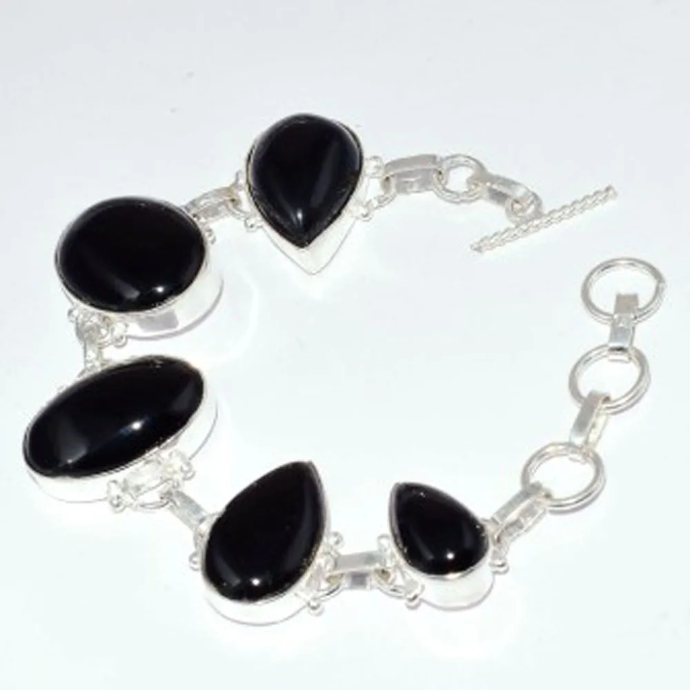 

Black Onyx Bracelet Silvers Overlay over Copper , 20.2 cm, B3561