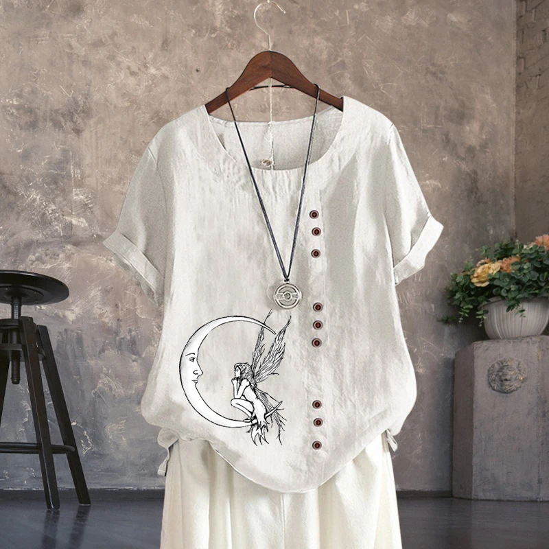 

Crescent Moon Pattern Pullover T Shirt O Neck Short Sleeve Women's Clothing Round Neck Summer Top Loose Linen Pullover for Lady