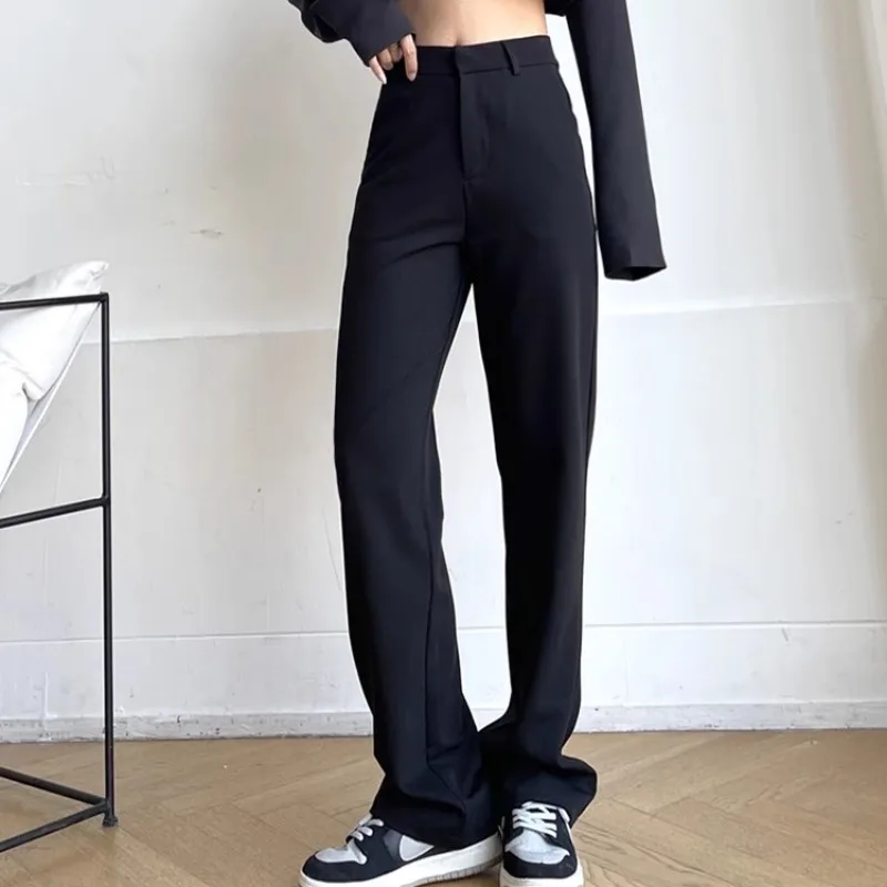 QWEEK Classic Suit Pants for Women Black Elegant Vintage Korean Fashion Straight Trousers Old Money Office Ladies Work To Wear qweek y2k vintage black baggy jeans women streetwear grunge oversized wide leg denim pants harajuku retro 90s basic trousers